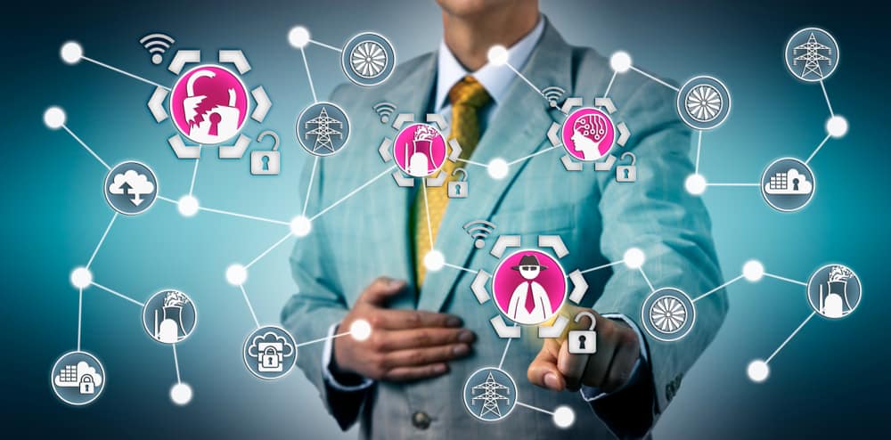 A digital web of interconnected network resilience concepts being selected by a business person in a suit. A digital web of interconnected network resilience concepts being selected by a business person in a suit.