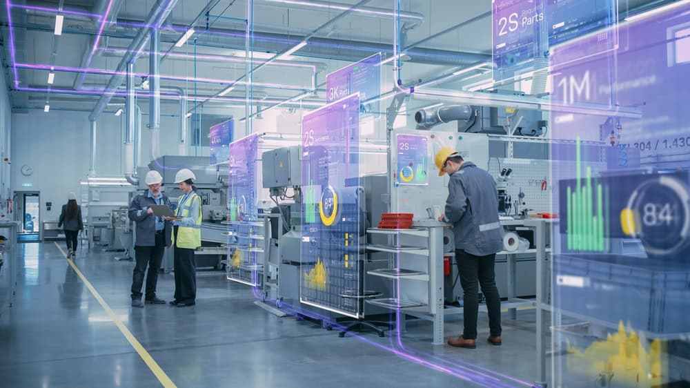 A factory floor with digital overlays showing edge computing data analysis dashboards