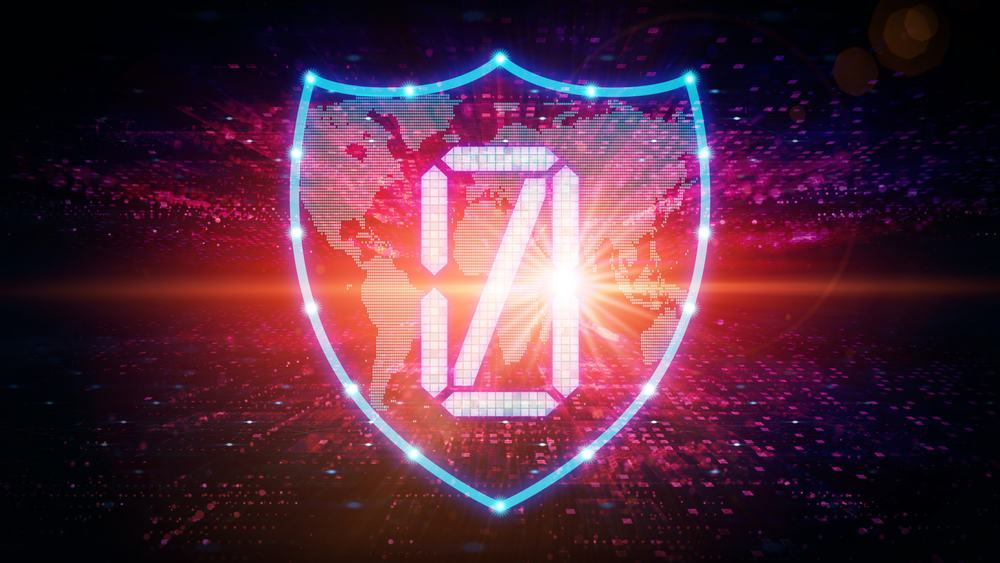 A glowing shield with a 0 on it overlays a glowing map of the world to represent zero trust at the edge.
