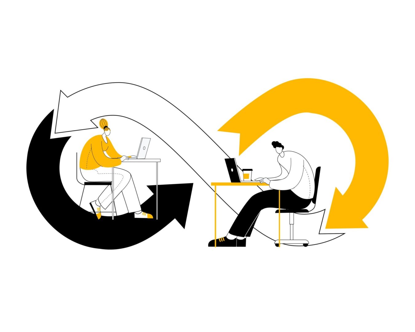 Collaboration in DevOps is illustrated by two team members working together in front of the DevOps infinity logo. Collaboration in DevOps is illustrated by two team members working together in front of the DevOps infinity logo.