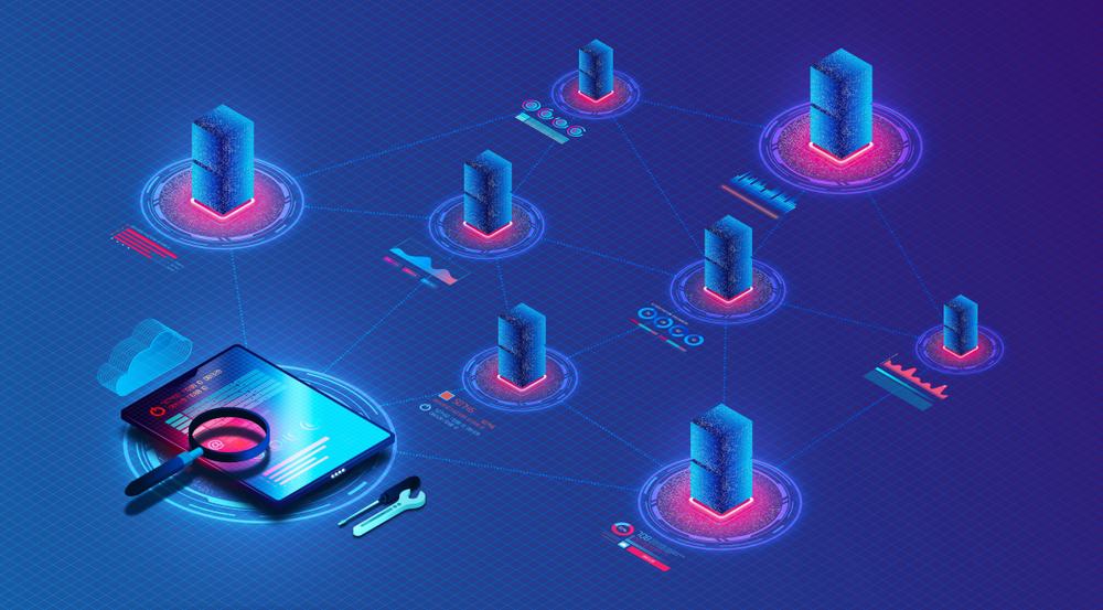 An MSP network monitoring platform is visualized as a table with a magnifying glass overseeing a network of connected computers.